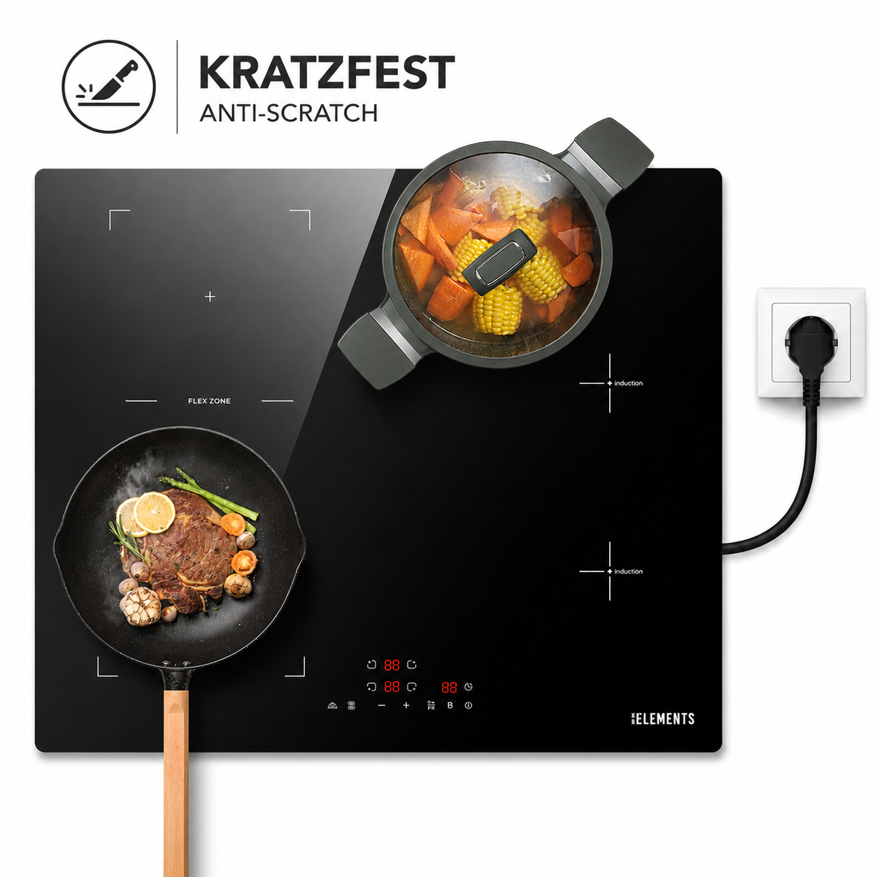 Induktionskochfeld 60 cm AntiScratch Schuko KB ELEMENTS ELK112AS – 4 Zonen Flexzone 3500 W Schwarz