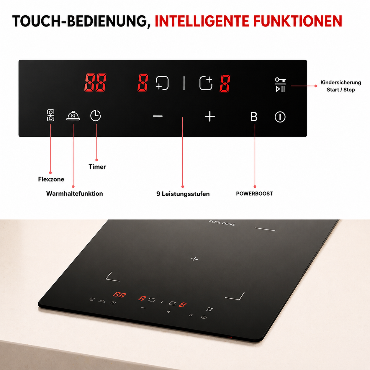 Touch Control Schieberegler Bedienung Induktionskochfeld – KB ELEMENTS Domino 30 cm Schwarz