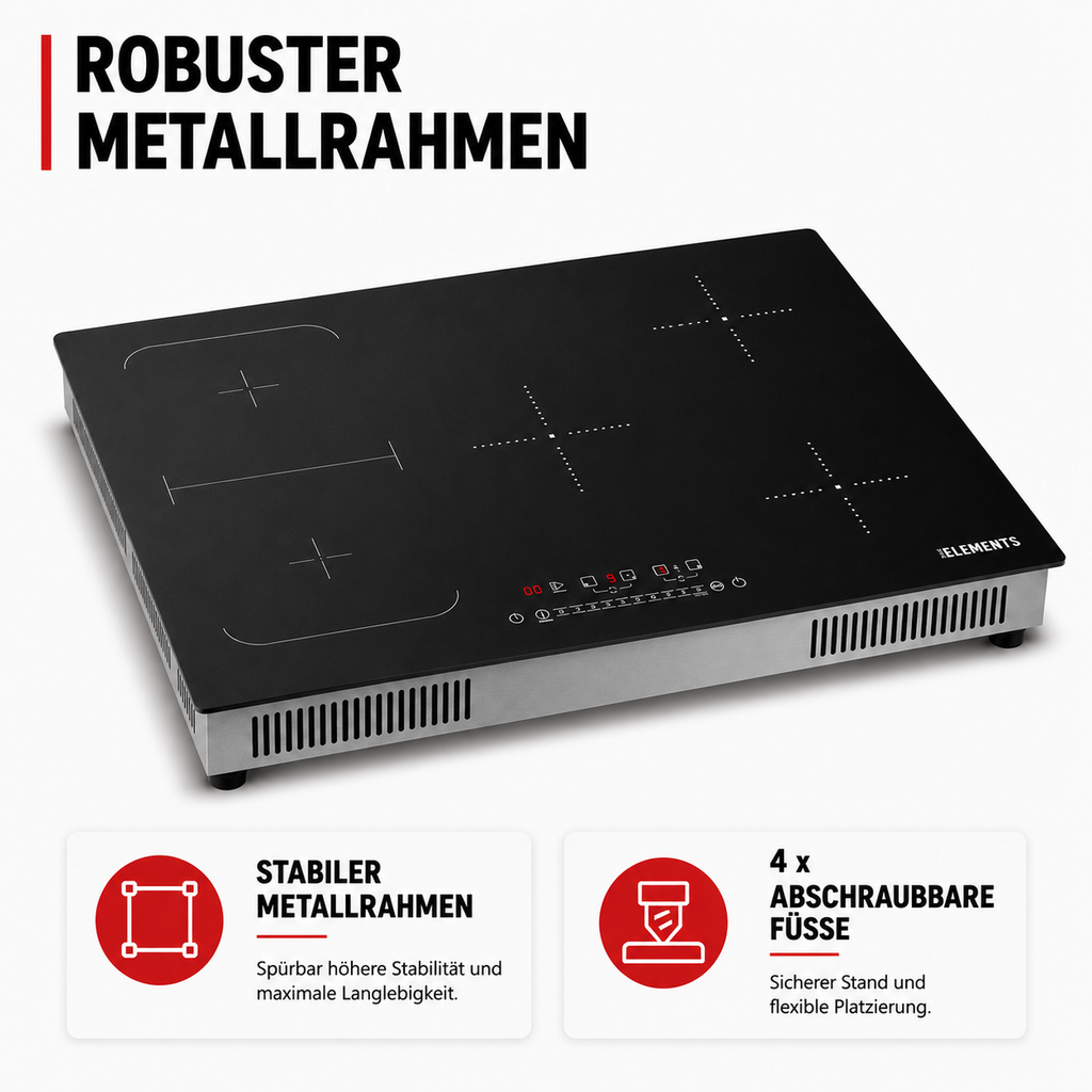 Metallrahmen Induktionskochfeld 77 cm – hochwertiges Design KB ELEMENTS ELK105PF Schwarz