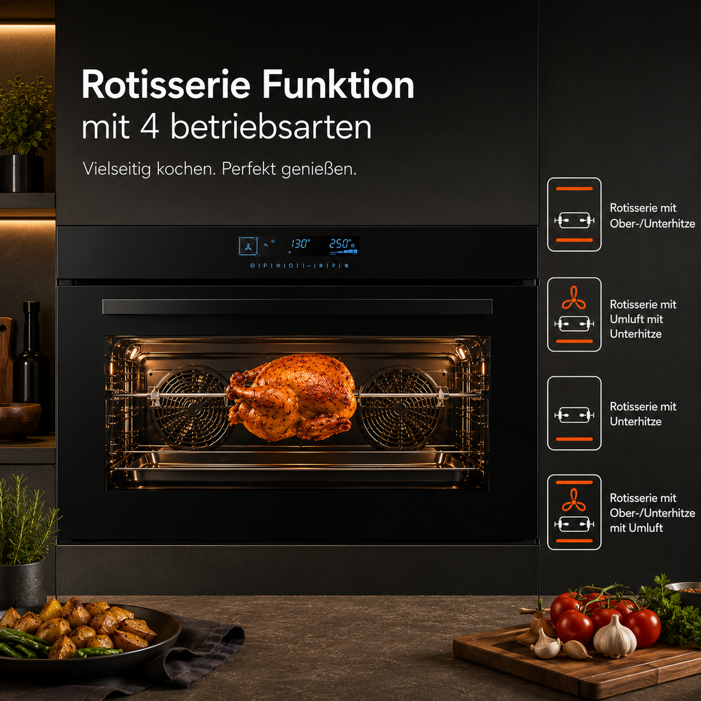 Rotisserie Funktion Drehspieß Einbaubackofen ELK90DV1 90 cm – ganzes Hähnchen Grillen KB ELEMENTS