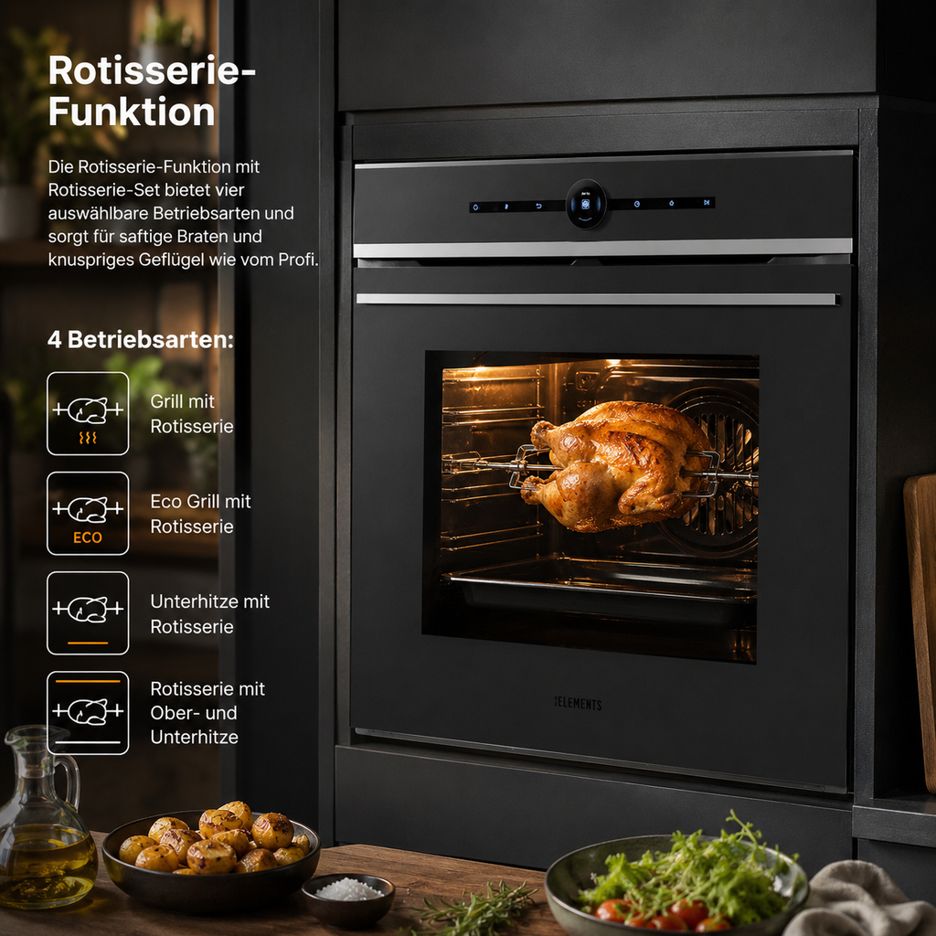 Rotisserie Funktion Drehspieß Einbaubackofen 60 cm – ganzes Hähnchen Grillen KB ELEMENTS