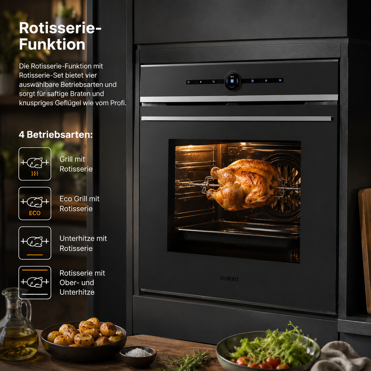 Rotisserie Funktion Drehspieß Einbaubackofen 60 cm – ganzes Hähnchen Grillen KB ELEMENTS