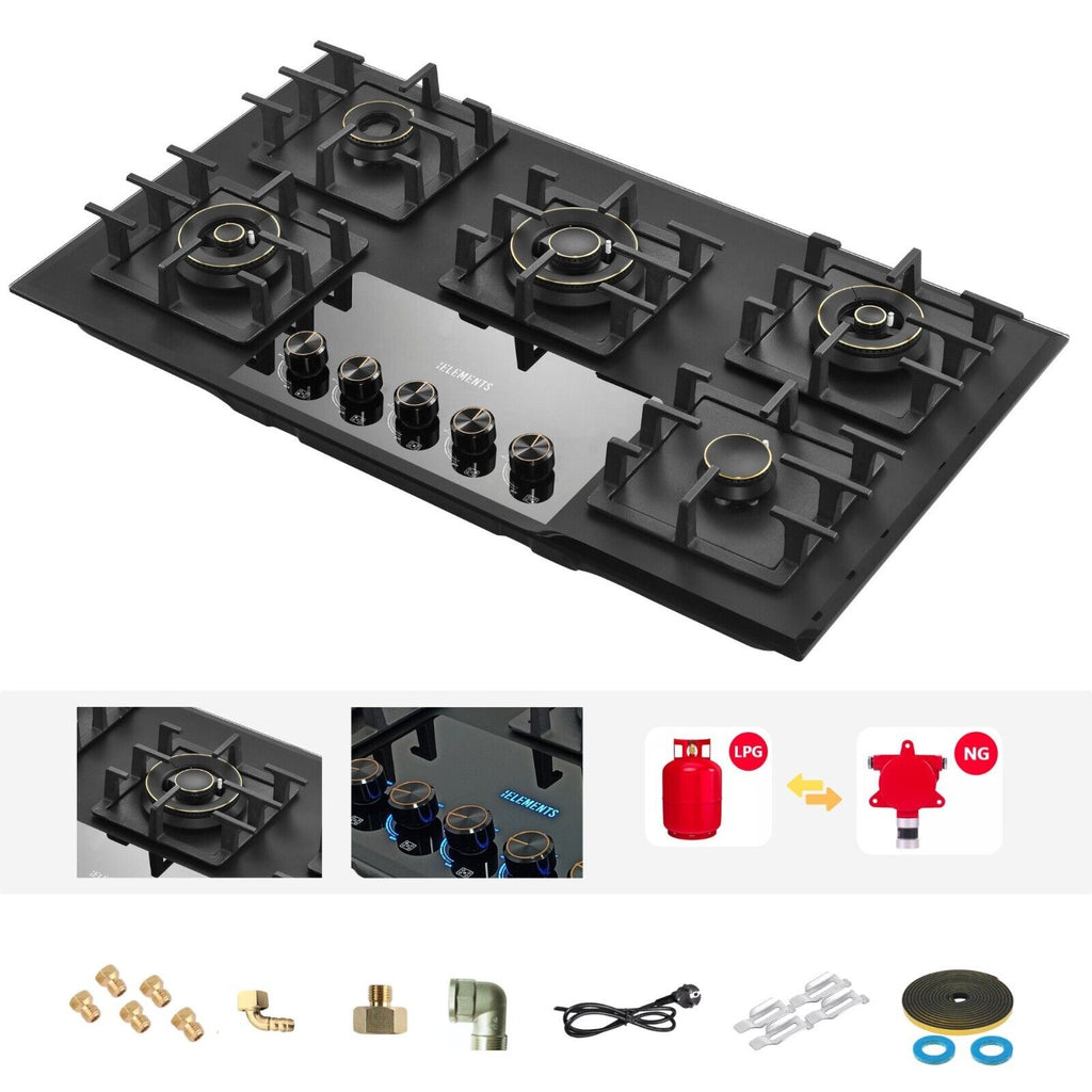 KB ELEMENTS Gaskochfeld 90cm - Gaskochfeld 5 Flammig, LPG / NG, Zündunautomatik