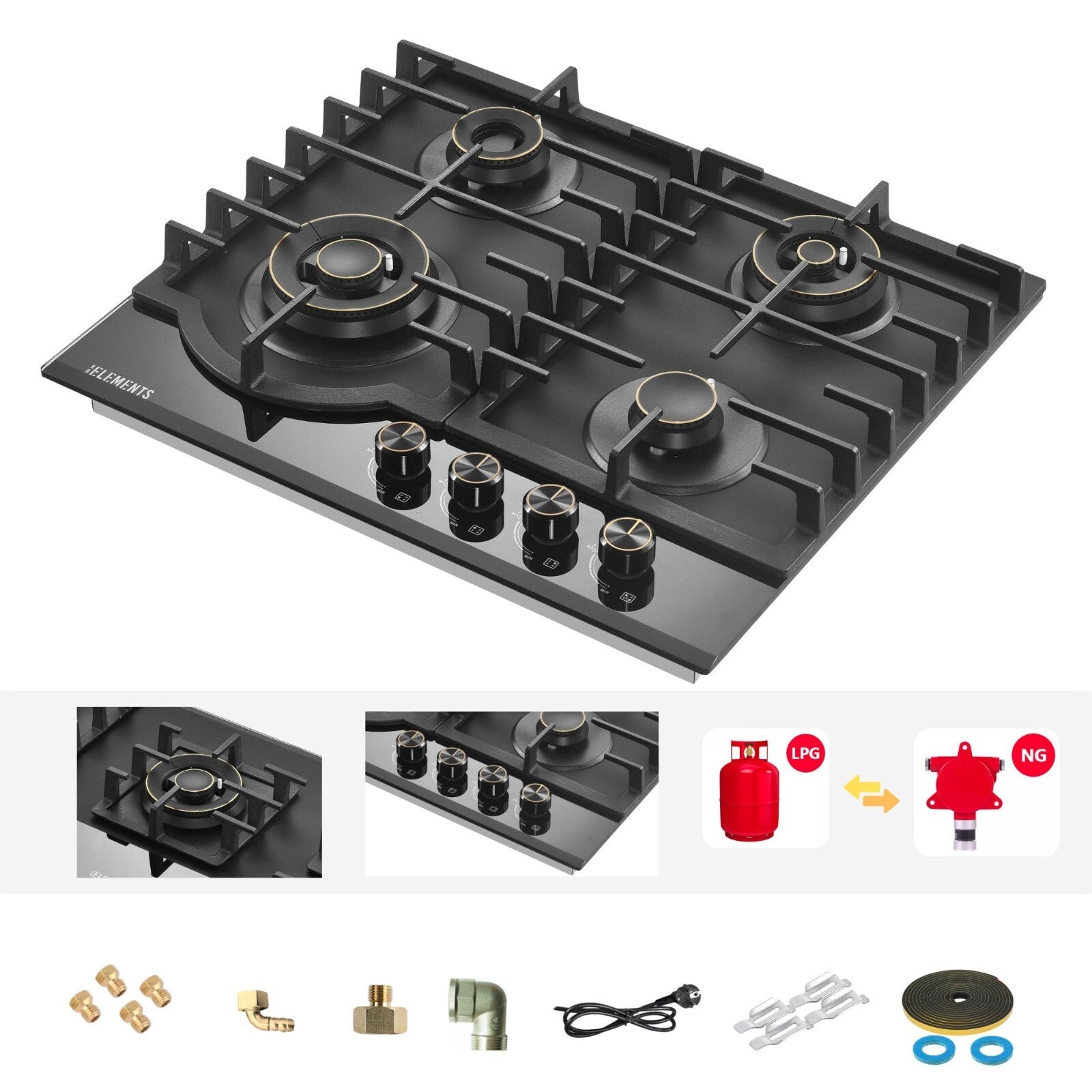KB ELEMENTS Gaskochfeld 60cm - Gaskochfeld 4 Flammig, LPG / NG, Zündunautomatik