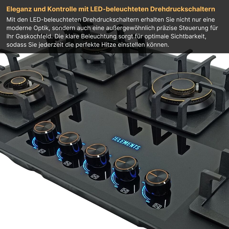 KB ELEMENTS Gaskochfeld 90cm - Gaskochfeld 5 Flammig, LPG / NG, Zündunautomatik