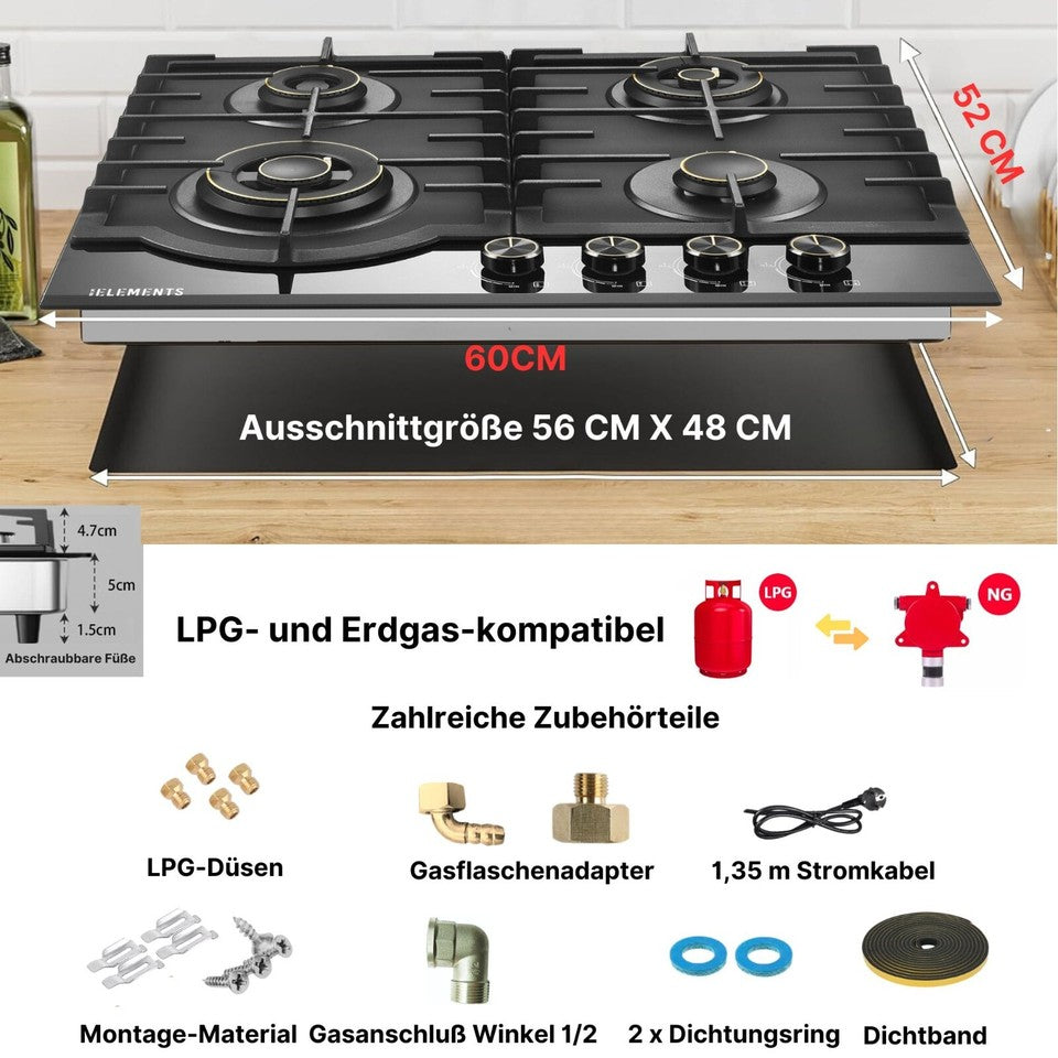 KB ELEMENTS Gaskochfeld 60cm - Gaskochfeld 4 Flammig, LPG / NG, Zündunautomatik