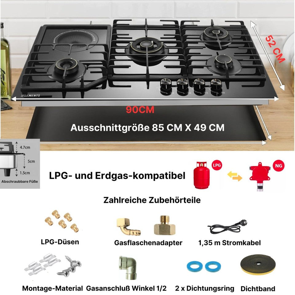 KB ELEMENTS Gaskochfeld 90cm - Gaskochfeld 4 Flammen, 1 x Glaskeramik, LPG / NG