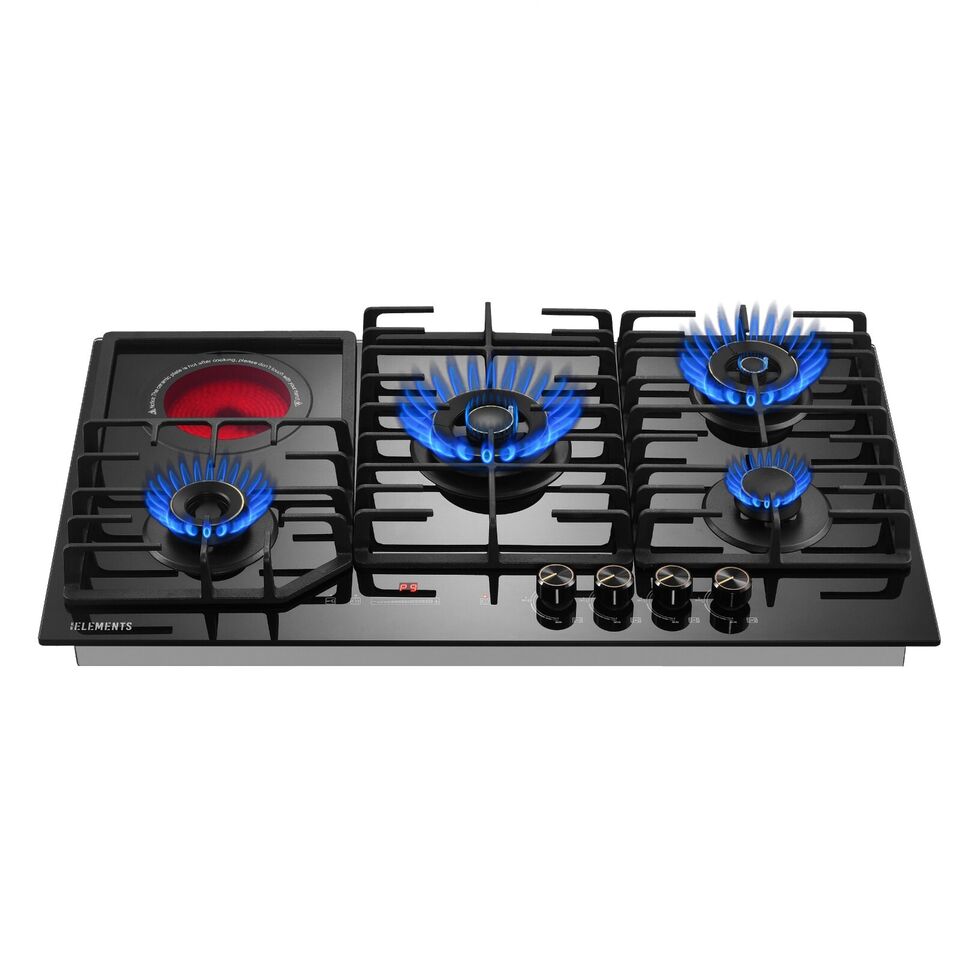 KB ELEMENTS Gaskochfeld 90cm - Gaskochfeld 4 Flammen, 1 x Glaskeramik, LPG / NG