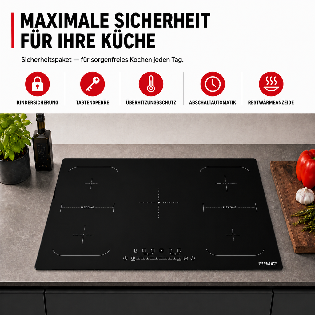 Sicherheitsfunktionen Induktionskochfeld 90 cm – KB ELEMENTS Herdset ELK106PF