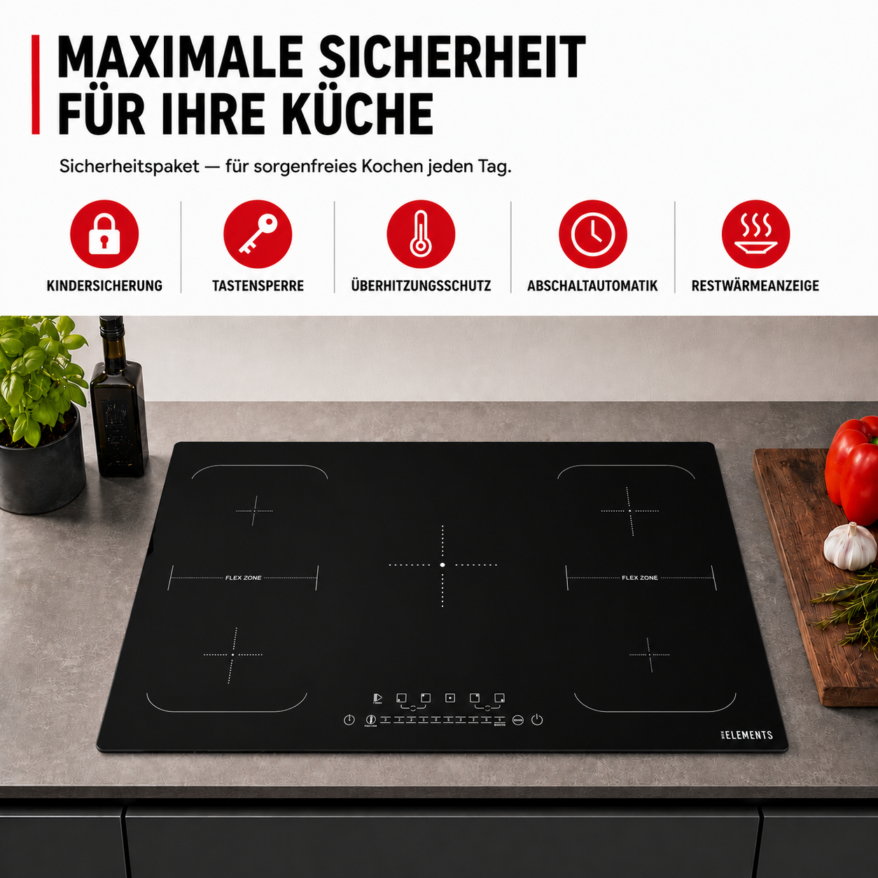 Sicherheitsfunktionen Induktionskochfeld 90 cm – Kindersicherung Überhitzungsschutz Abschaltautomatik KB ELEMENTS ELK106PF