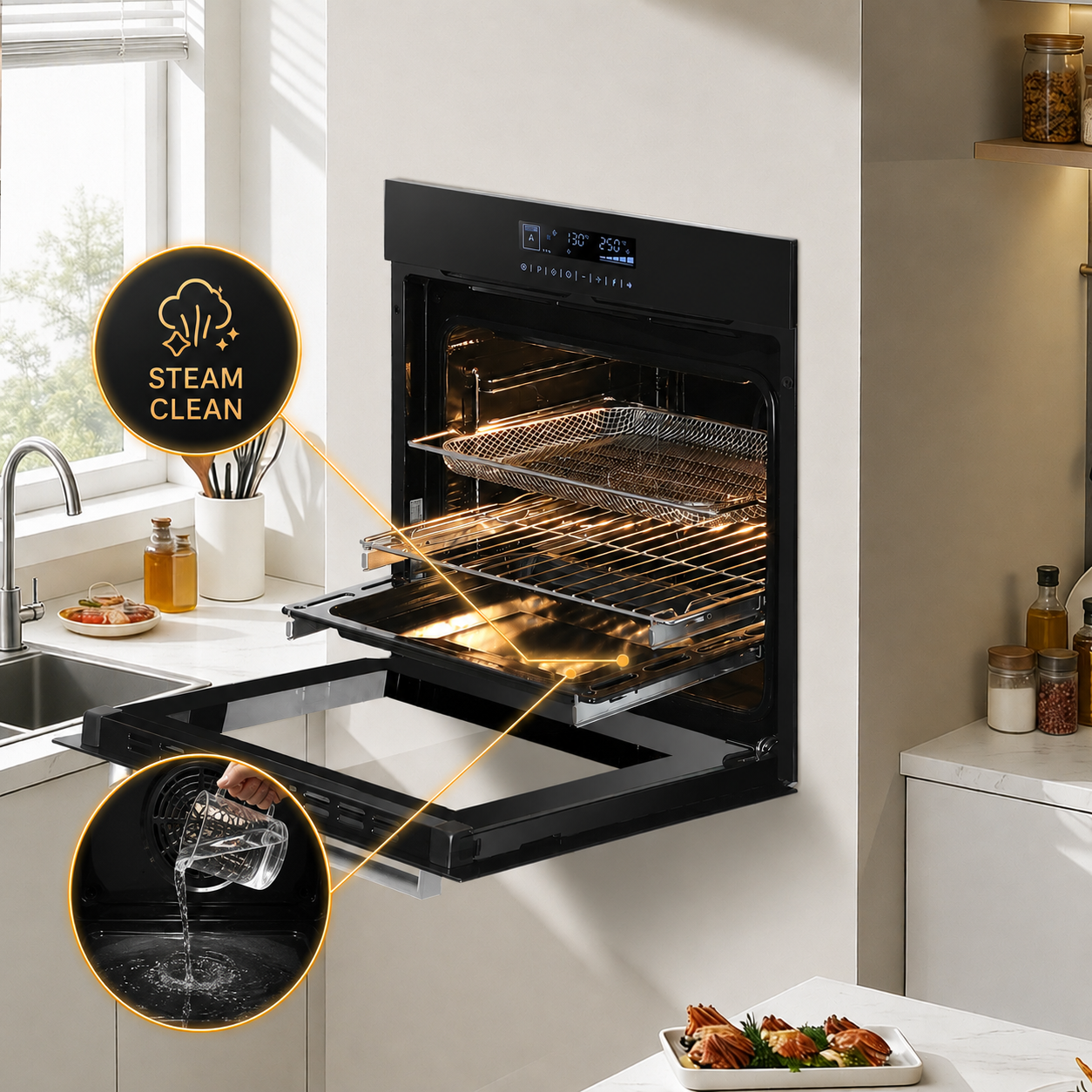 Aqua Clean Dampfreinigung Einbaubackofen ELK75DV2 Schwarz/Silber – ohne Chemie KB ELEMENTS