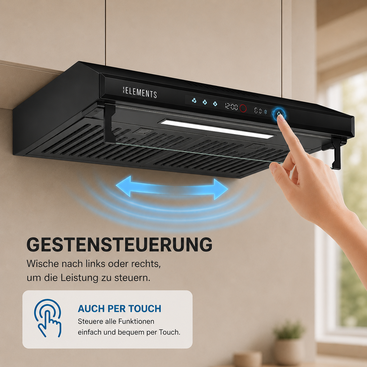 KB ELEMENTS Dunstabzugshaube 60 cm – 650 m³/h, Touch- & Gestensteuerung, Abluft & Umluft