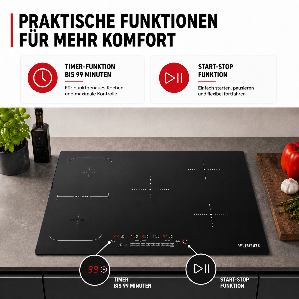 Timer Funktion Induktionskochfeld ELK105PF 0-99 Minuten pro Zone KB ELEMENTS