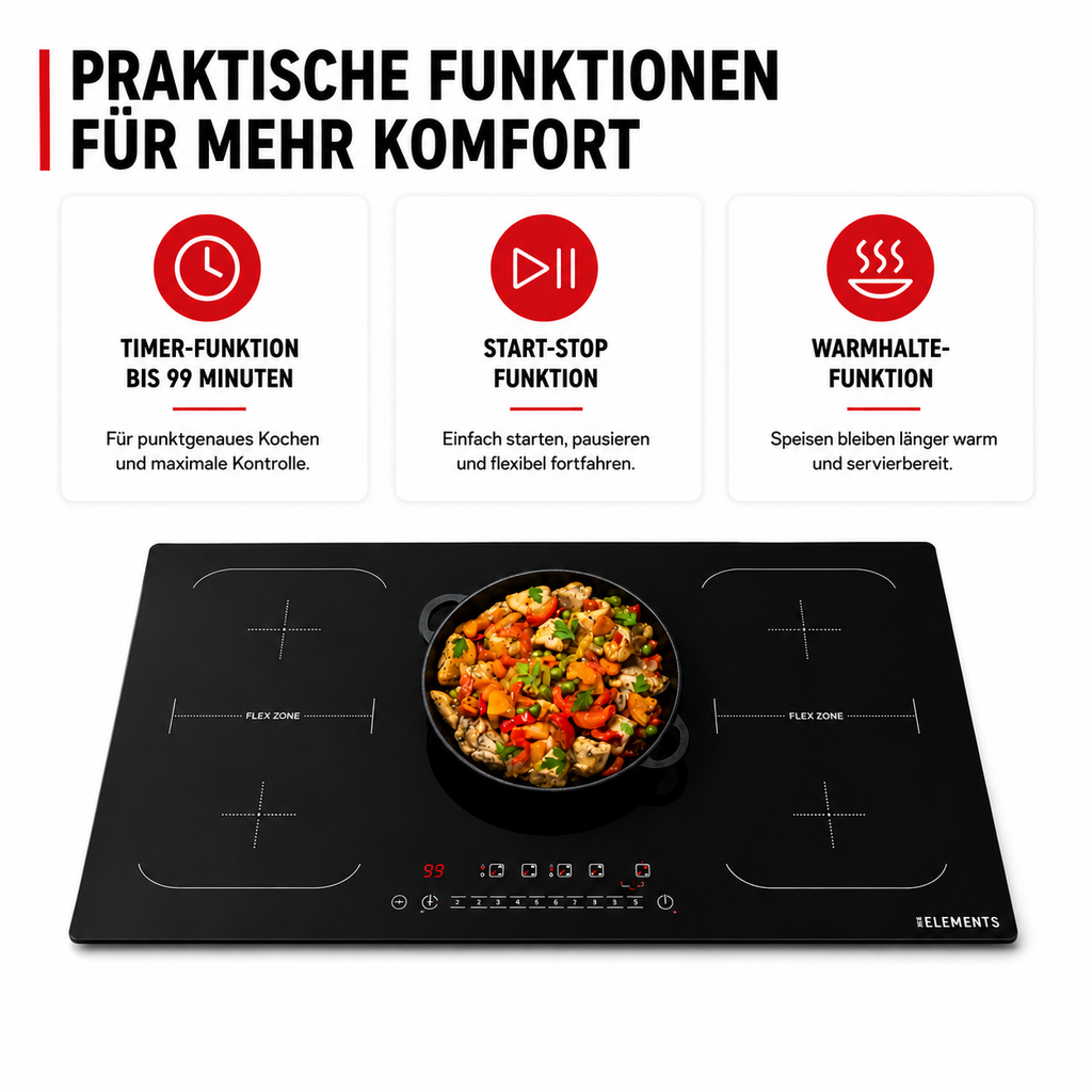 Timer Funktion 0–99 Minuten Induktionskochfeld 90 cm Digitalanzeige – KB ELEMENTS ELK106PF