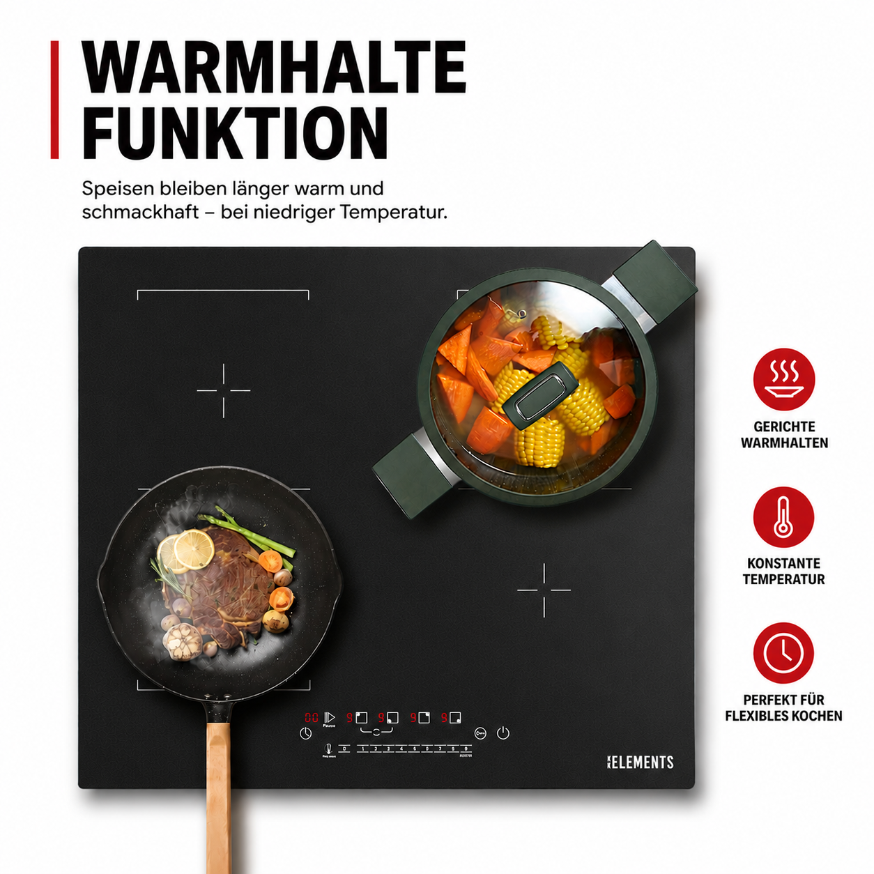 Warmhaltefunktion Induktionskochfeld 60 cm – KB ELEMENTS Herdset ELK112AS Schuko