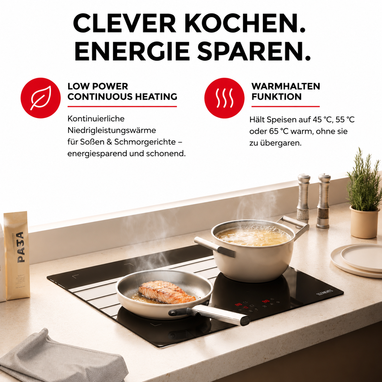 Warmhaltefunktion Niederleistung Induktionskochfeld ELK60PB1 Schuko KB ELEMENTS Herdset