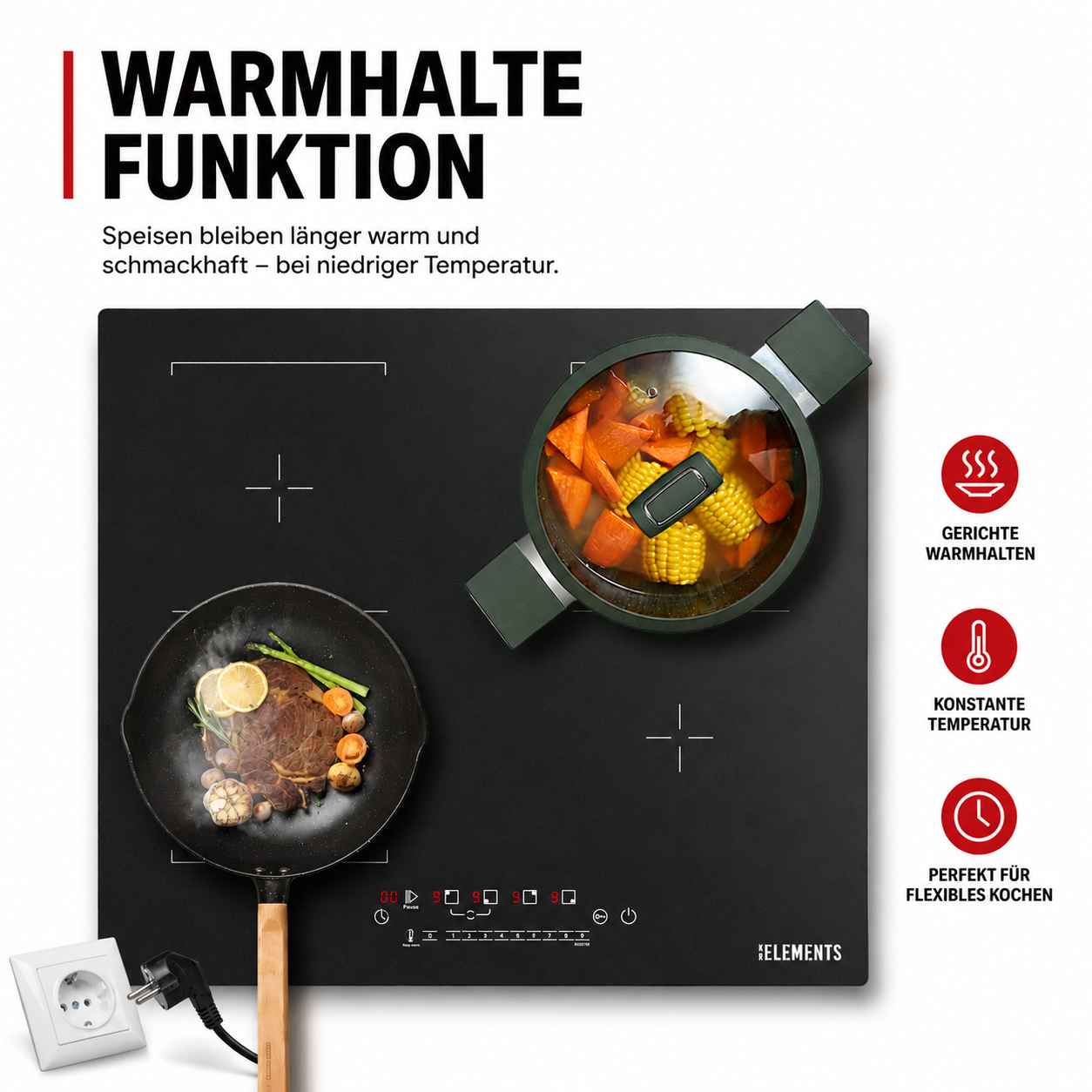 Warmhaltefunktion Induktionskochfeld ELK111AS 45°C 55°C 65°C – KB ELEMENTS