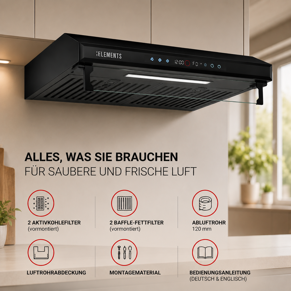 KB ELEMENTS Dunstabzugshaube 60 cm – 650 m³/h, Touch- & Gestensteuerung, Abluft & Umluft