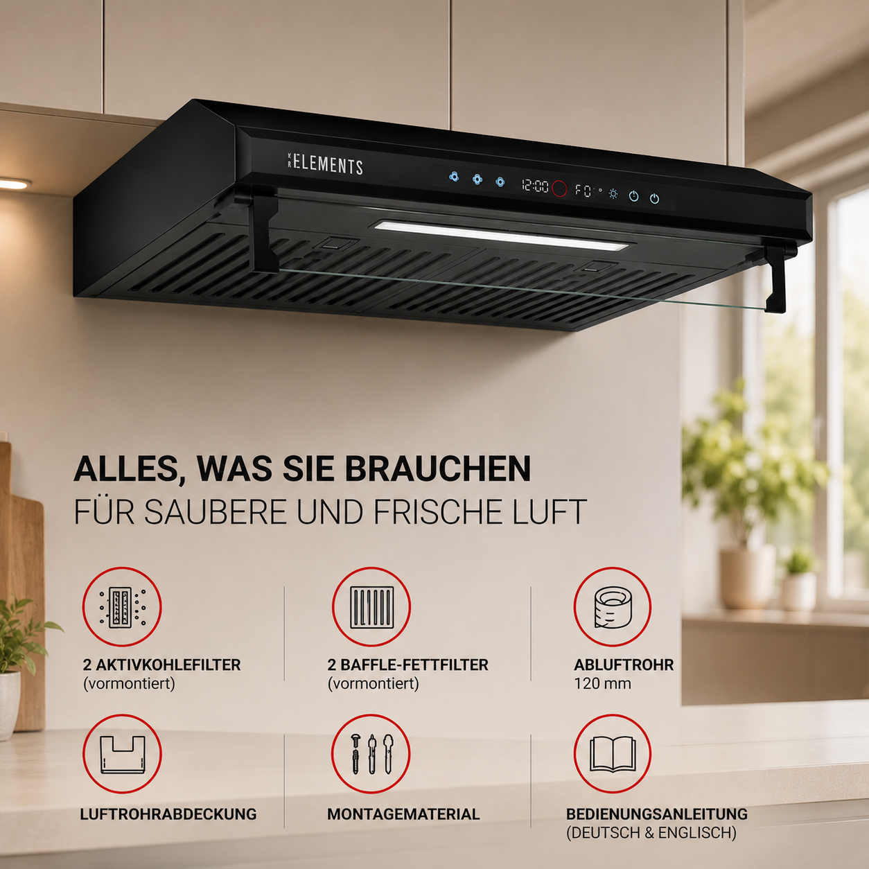 KB ELEMENTS Dunstabzugshaube 60 cm – 650 m³/h, Touch- & Gestensteuerung, Abluft & Umluft