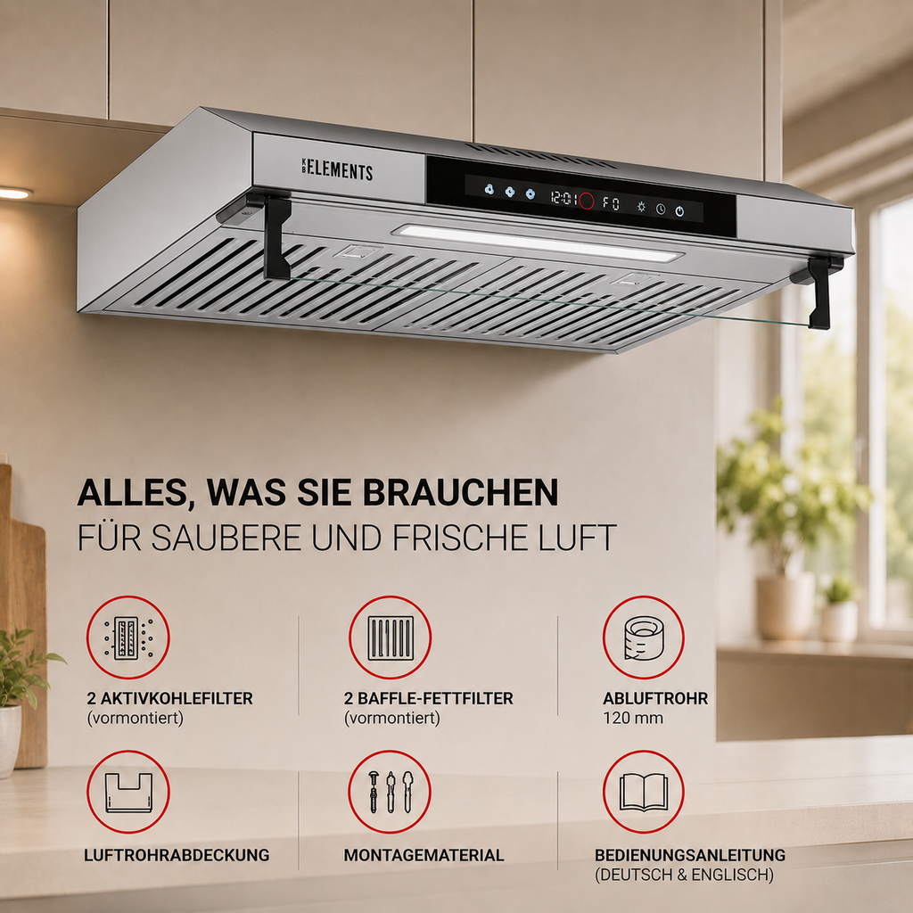 KB ELEMENTS Dunstabzugshaube 60 cm – 650 m³/h, Touch- & Gestensteuerung, Abluft & Umluft – Silber/Edelstahl